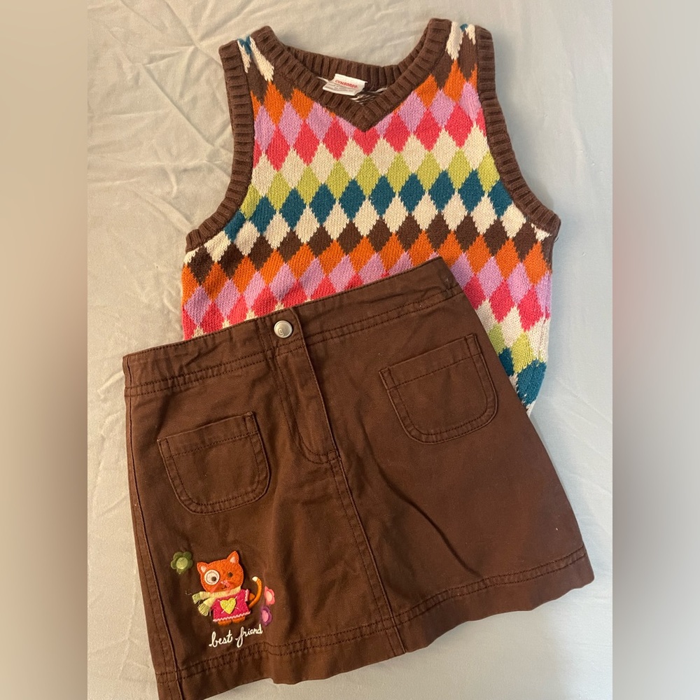 Gymboree 2pcs Girl Best friend kitty fall Outfit set sweater vest & skorts+Bonus